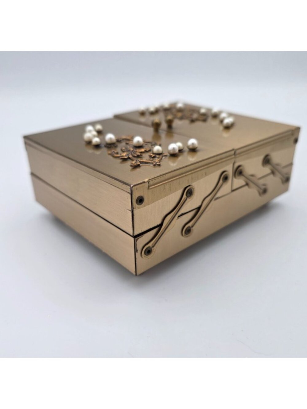 Vintage Gold-Tone Jewelry Box Pearl Embellishments & Velvet Inner Compartments - Picture 9 of 12